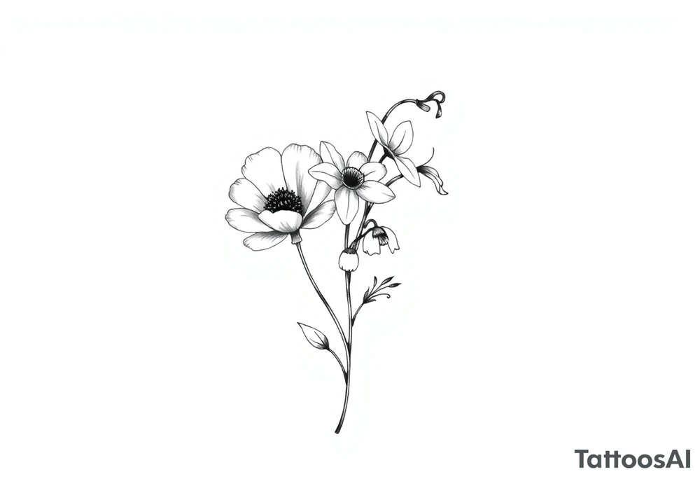 simple black and white tattoo with a bouquet from one stem with a poppy flower, lily of the valley flower , daffodil flower , with less lines and detail tattoo idea