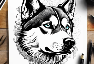 serious looking Siberian Husky 50/50 tattoo idea