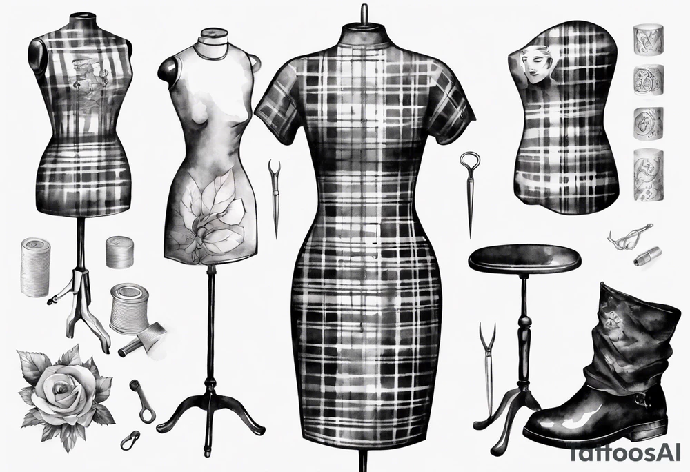 Tailor's mannequin in plaid woman's dress. Nearby a needle tracing two initials, plus a thimble tattoo idea