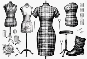 Tailor's mannequin in plaid woman's dress. Nearby a needle tracing two initials, plus a thimble tattoo idea