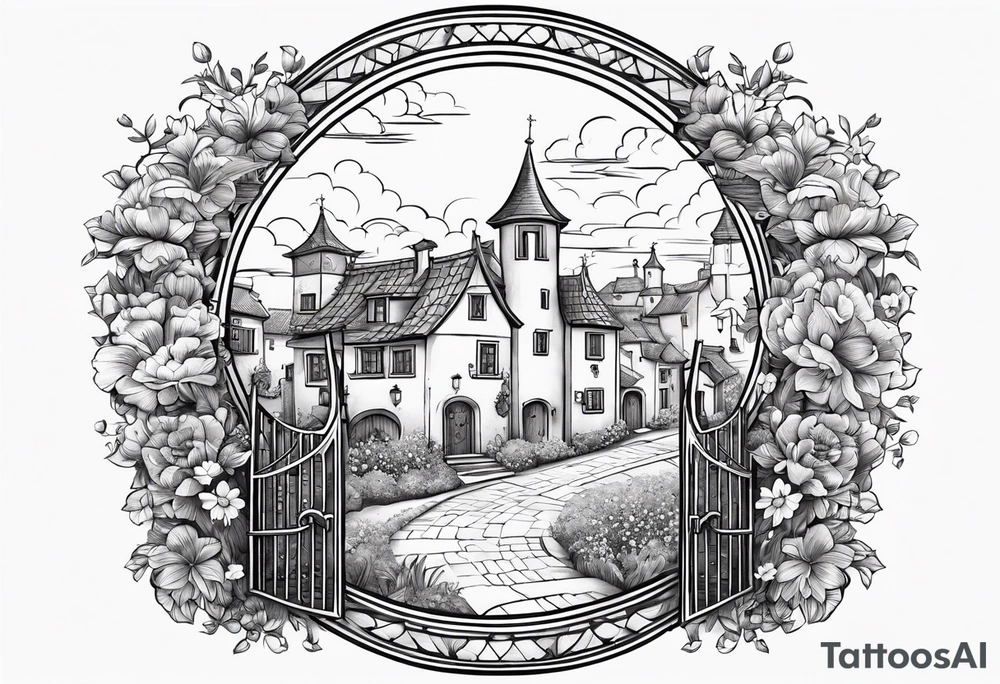 sky medieval town garden small houses gate entrance 
 in circle vignette surrounded by clouds flowers tattoo idea