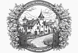 sky medieval town garden small houses gate entrance 
 in circle vignette surrounded by clouds flowers tattoo idea
