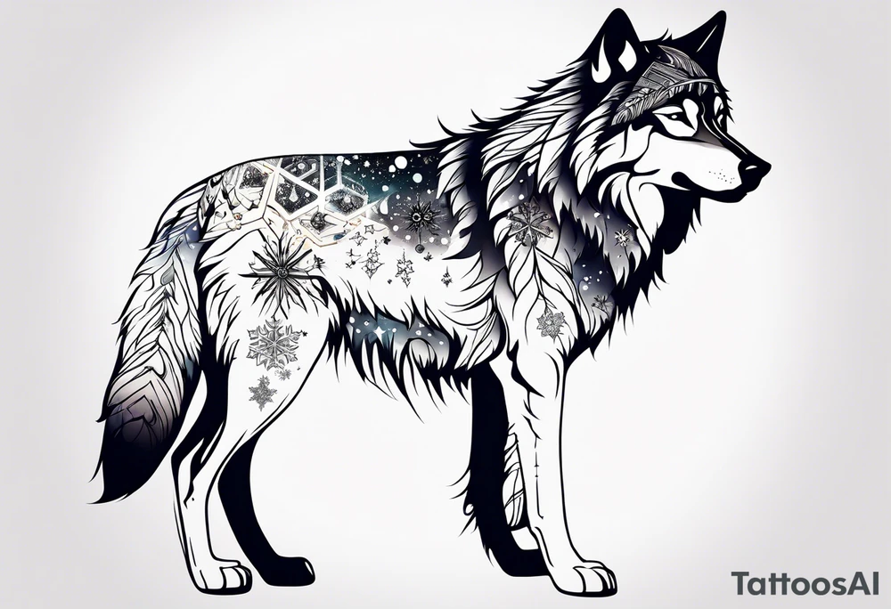 Constellation, two animal wolf, snowflake tattoo idea