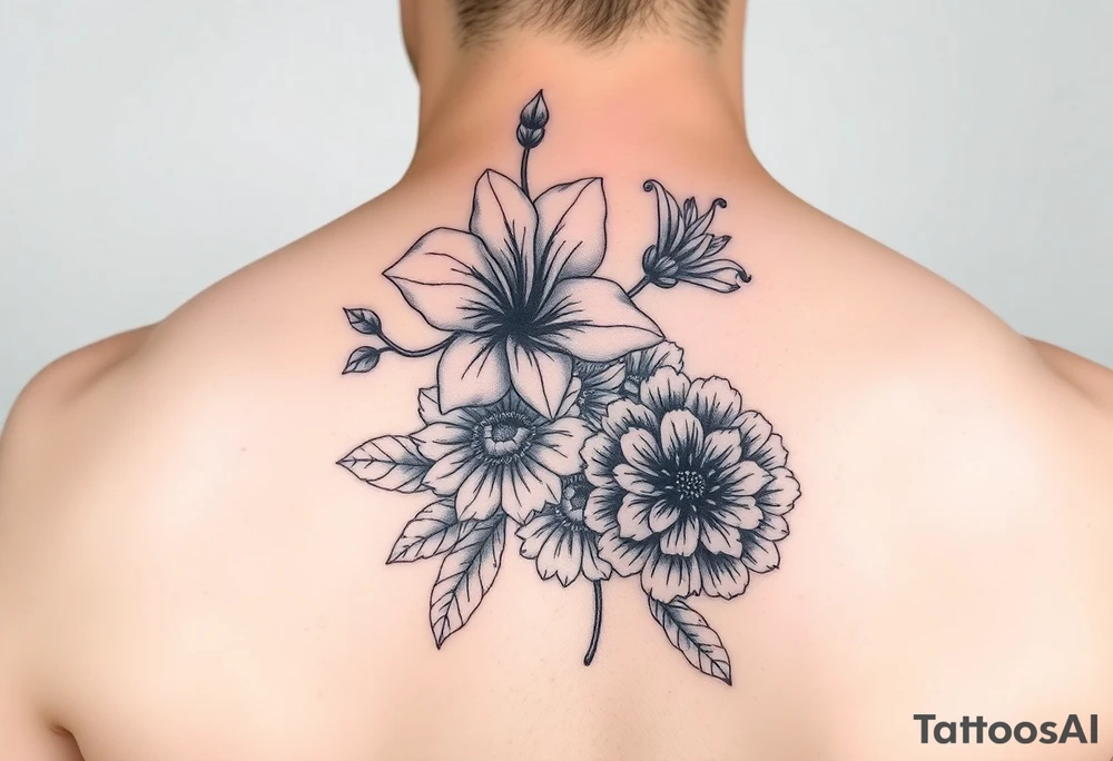 Color Flower tattoo with violets and chrysanthemum tattoo idea