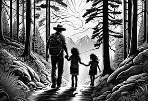 Chicano art . A shadow of a Man and Woman and young son and young daughter  walking through the Pacific Northwest Forrest. Crosses. tattoo idea