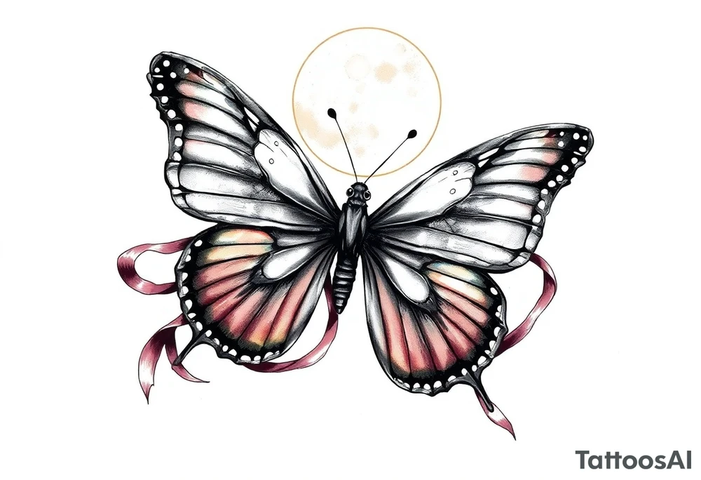 ethereal butterfly with flowing silk ribbons in moonlight tattoo idea