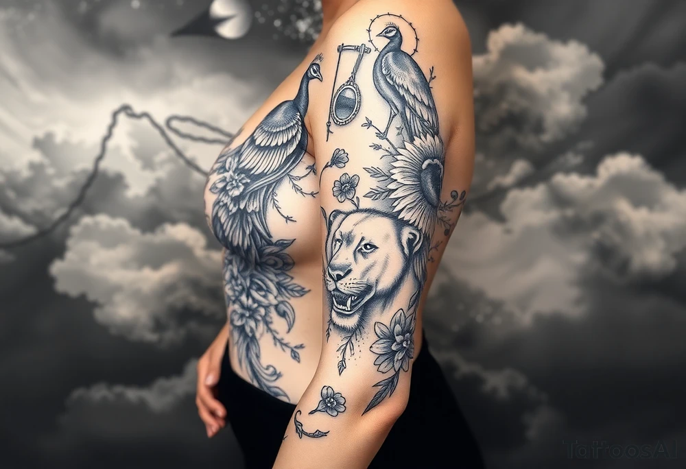 Storm, darkness, , fat naked woman, peacock, dead flowers, razor blades, noose, couple having sex , cupcake ,cigerettes storm clouds coins, mirror, lamb, lion tattoo idea