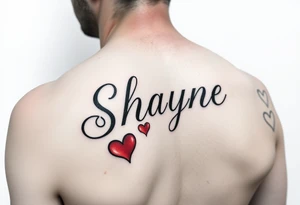 Shayne written with red hearts simple yet beautiful on left side on my shoulder tattoo idea