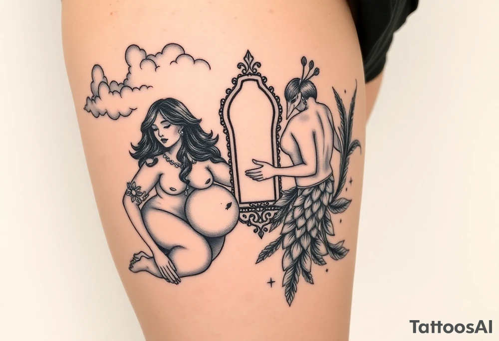Storm clouds with a fat naked woman and drugs and money  and coinsand mirror and sexy naked couple lustful having sex with pig and peacock tattoo idea