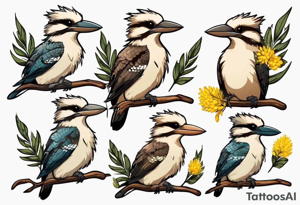 Small kookaburra holding wattle leaves tattoo idea