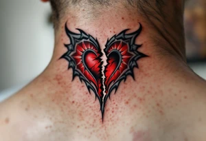 A heart being torn apart colored in deep red and grey, symbolizing heartbreak and struggle. tattoo idea