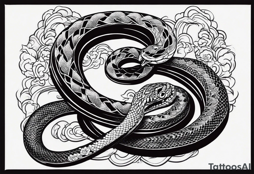 Simple Double head snake tattoo for placement going downwards along the spine in japanese style to symbolise a journey of healing and transformation with reference to being a twin tattoo idea