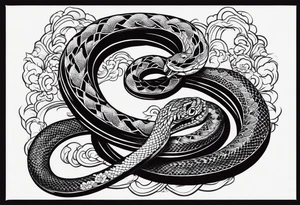 Simple Double head snake tattoo for placement going downwards along the spine in japanese style to symbolise a journey of healing and transformation with reference to being a twin tattoo idea