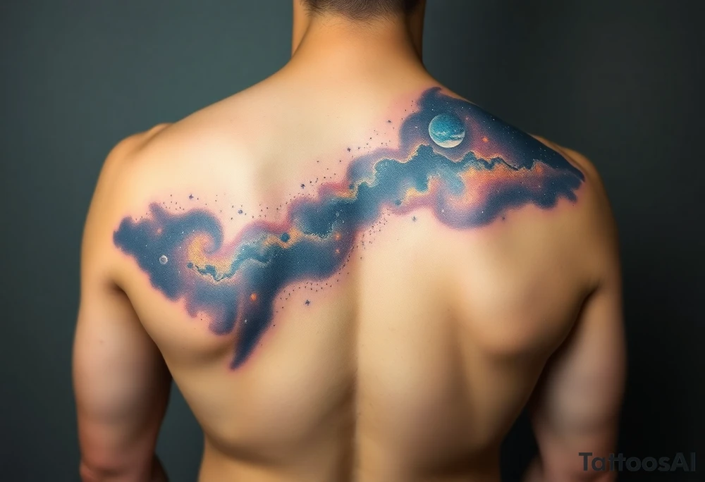 Beautiful and epic 3d milky way that appears to be what is beneath the skin. Make it drape over the shoulder and move to the middle back. use negative spaces to create stars and dust. Incorporate God breathing life into the universe. Keep it symmetrical tattoo idea