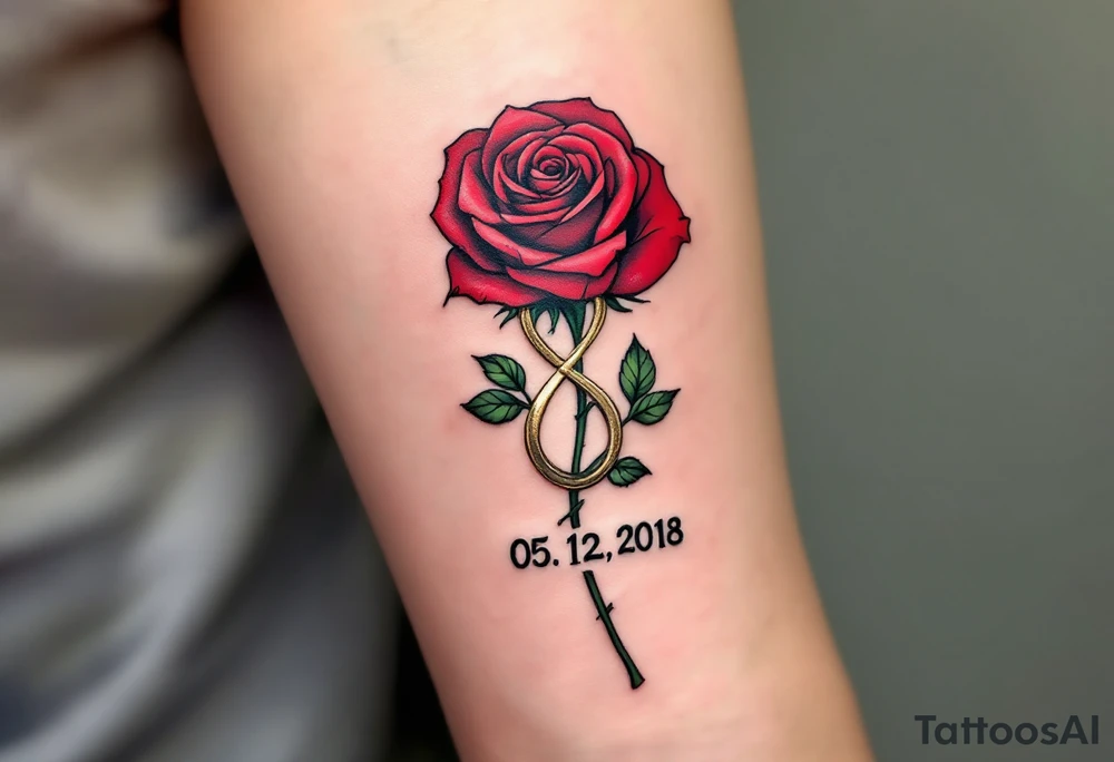 A detailed rose with its stem forming an infinity symbol, with the couple’s wedding date "05. 12. 2018" beautifully incorporated into the design. Red rose with green leaves, gold for the infinity symbol, and black for the date. tattoo idea