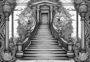 a staircase to valhalla with a big face of  the god Odin at its end. On the side of the stair is a pack ow wolves. Also add in a a pair of doves and two ravens tattoo idea