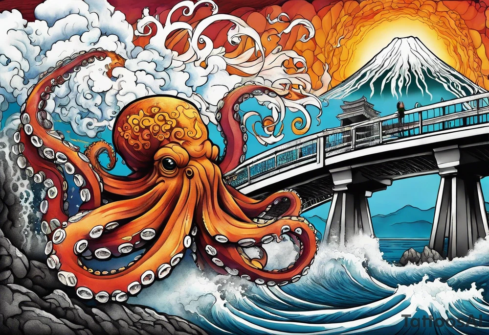 Octopus attacking a bridge with volcano in background erupting tattoo idea