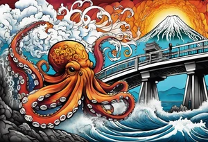 Octopus attacking a bridge with volcano in background erupting tattoo idea