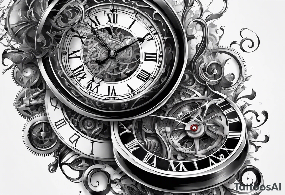 Extremely hyper realistic clock being broken and wrapped around tattoo idea Extremely hyper realistic clock being broken and wrapped around tattoo idea