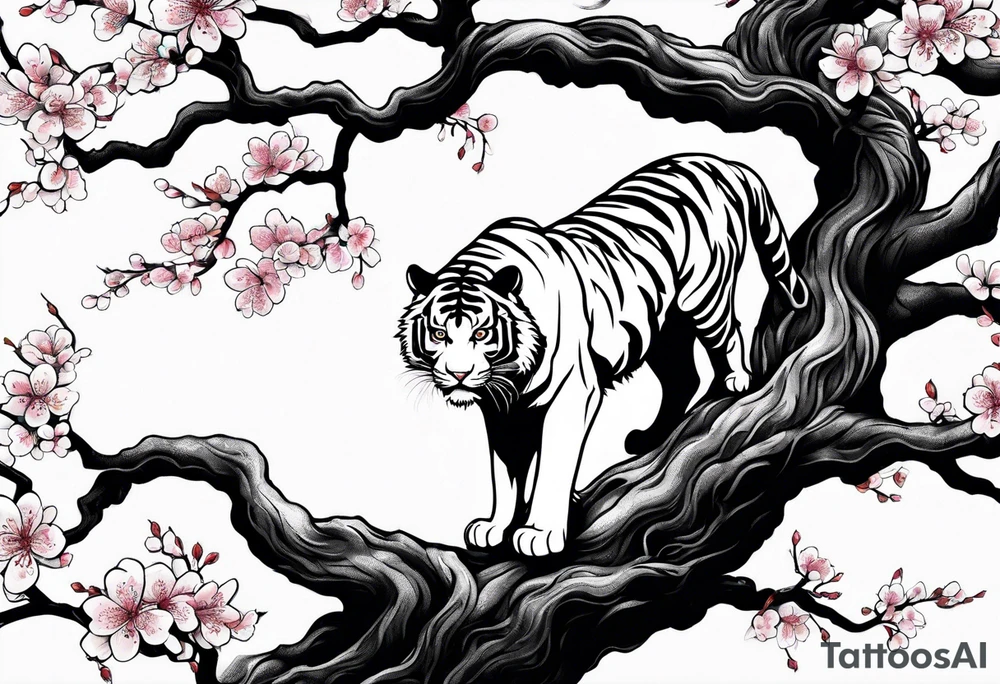 Twisted gnarly cherry blossom tree with tiger under it tattoo idea