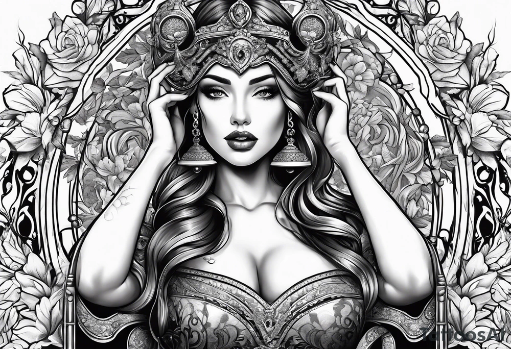 a female figure with a bridle, cheap groceries, diluting wine with water. tattoo idea