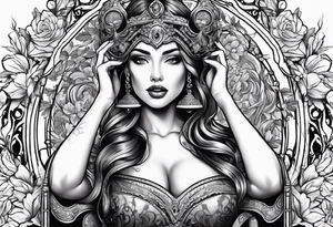 a female figure with a bridle, cheap groceries, diluting wine with water. tattoo idea