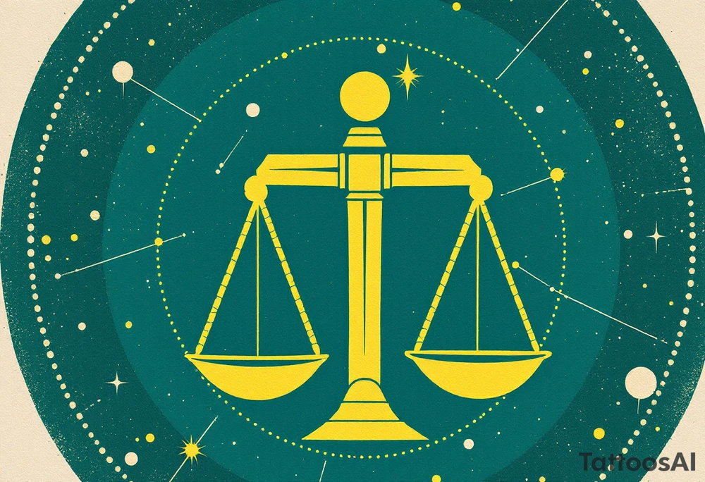 A minimalist design places the Libra symbol in pale yellow above dotted constellation lines on a rich teal circle. tattoo idea