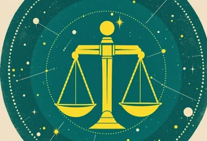 A minimalist design places the Libra symbol in pale yellow above dotted constellation lines on a rich teal circle. tattoo idea