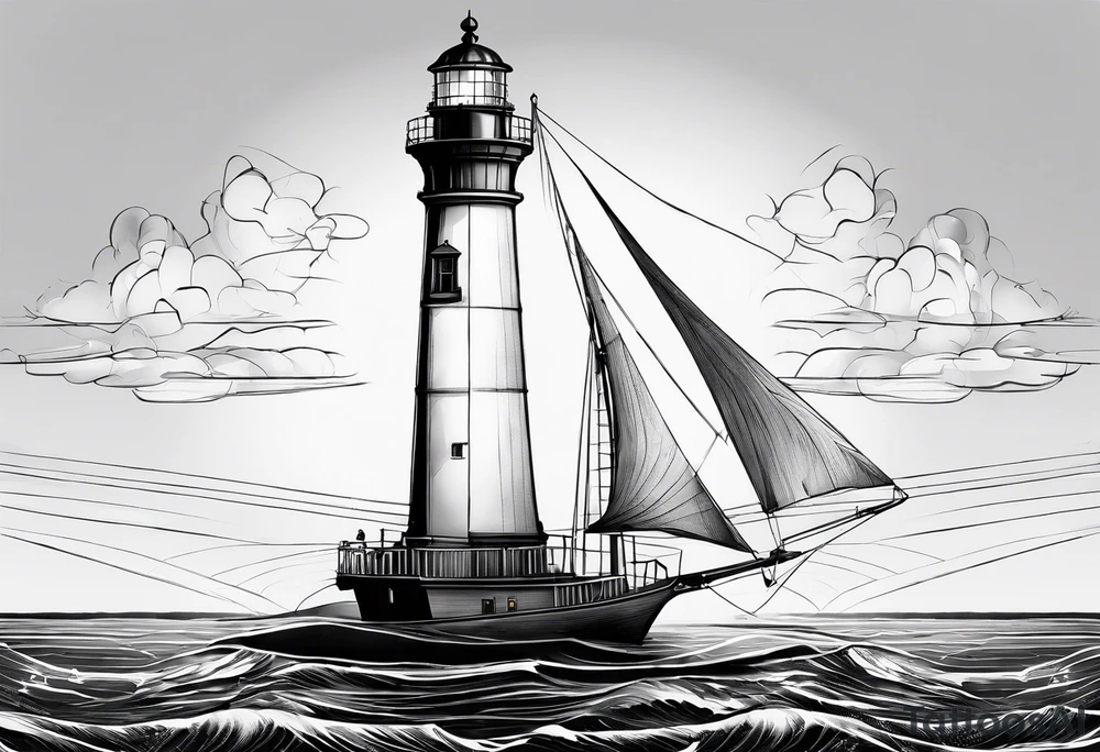 maritime lighthouse in a front view sailboat serving as a mast for a sail. tattoo idea