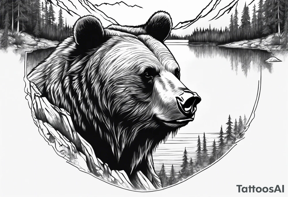 bear head right above the forest line with a lake below, full sleeve tattoo tattoo idea