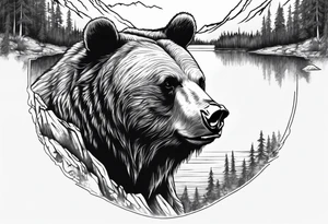 bear head right above the forest line with a lake below, full sleeve tattoo tattoo idea