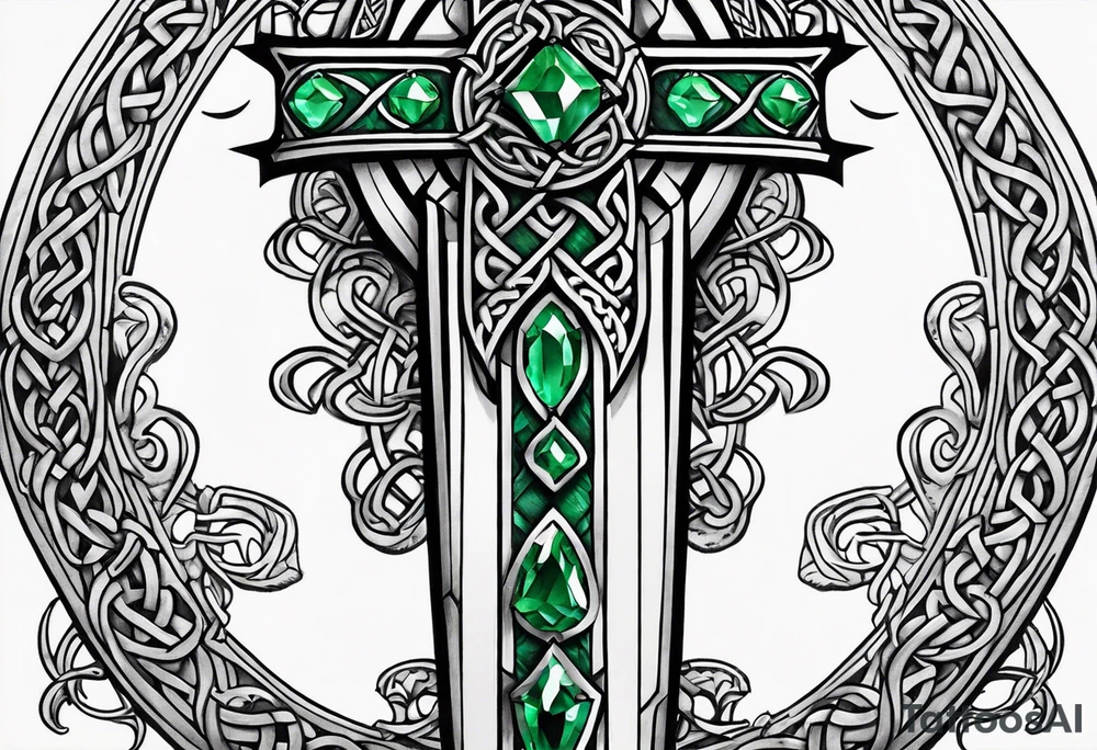 A Celtic dagger with an oak hilt turned upright and emerald gemstones on it tattoo idea