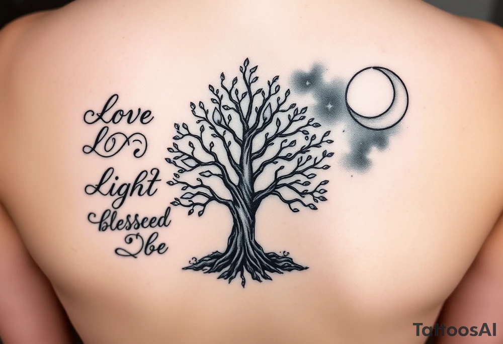 I want an open book and scripted on the left side of the pages and love and light blessed be on the right side of the pages the name tichica with the tree of life growing through the pages music notes dancing around it a crescent moon on the right side with a starry night background and dark clouds tattoo idea