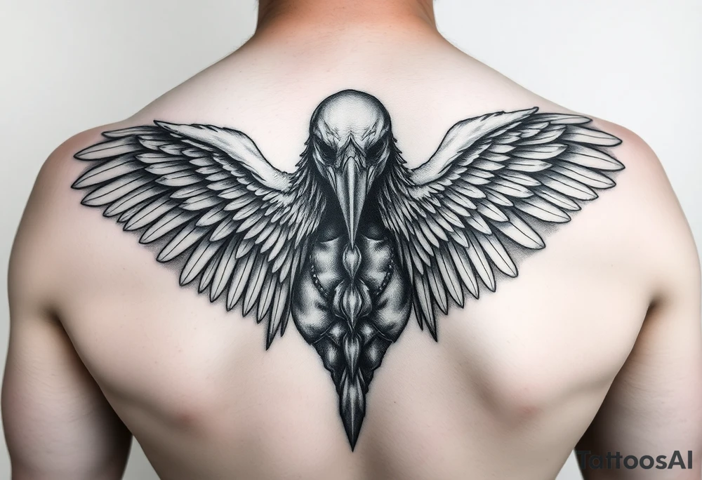 Create a detailed upper back tattoo design featuring a central figure with a crow head facing forward, a human body, and two symmetrical angel wings extending outward. . Use a grayscale style with intricate shading, ensuring a balanced and bold composition. Avoid side profiles for the crow head, keeping it directly forward tattoo idea