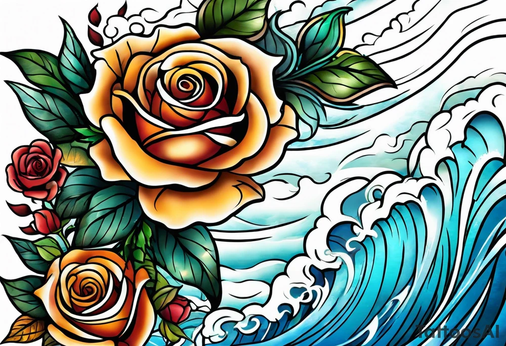 thigh tattoo with fall colors showing, small flowers, roses, water flow, and sky tattoo idea