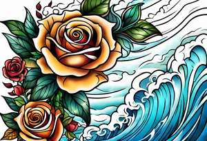 thigh tattoo with fall colors showing, small flowers, roses, water flow, and sky tattoo idea