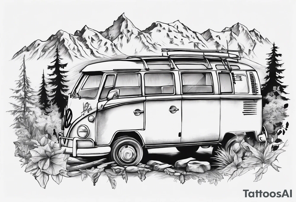 vw Typ 2 in einer landschaft aus bergen und Wälder tattoo idea