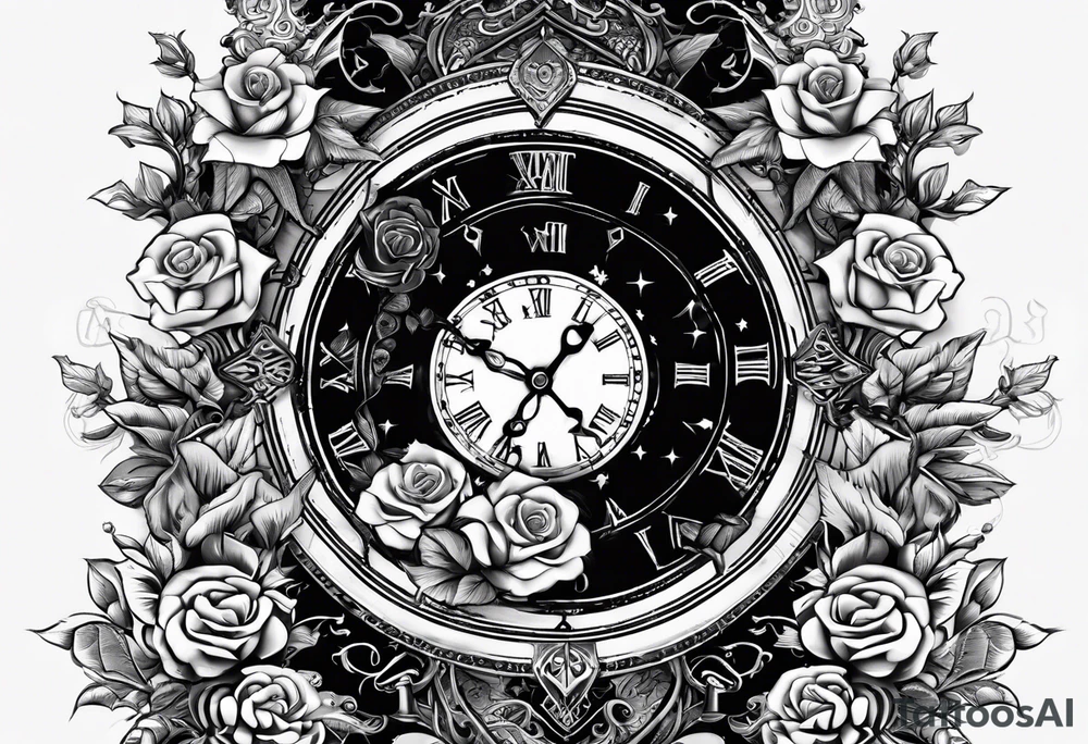 I want a design for printing on t-shirts, the design is an hourglass with a hand clock in the middle with Amazigh numbers, and these two main elements are mixed with thorny roses and planets tattoo idea