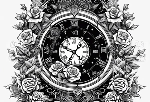 I want a design for printing on t-shirts, the design is an hourglass with a hand clock in the middle with Amazigh numbers, and these two main elements are mixed with thorny roses and planets tattoo idea