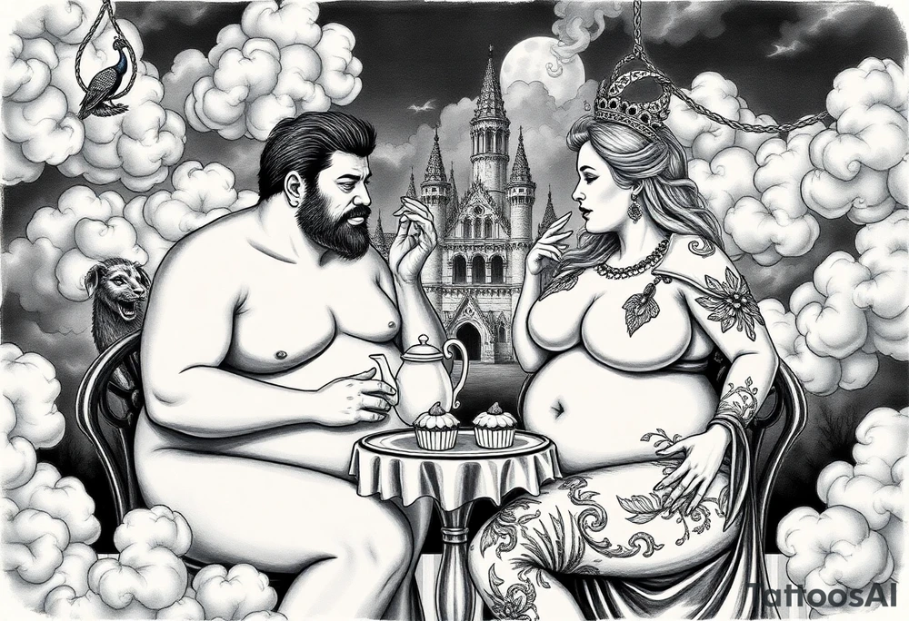 Naked Man and fat woman having sex eating cupcakes and  fruit  having sex clouds gothic sexy naked fat lady having a tea party with tea pot with fancy castle  
with mystical  a pigs, peacock,  lion, goat, noose and smoking cigerettes looking in the mirror thru storm clouds and broken hearts and darkness and wrath, envy , gluttony, greed, sloth, pride . Gothic tattoo idea