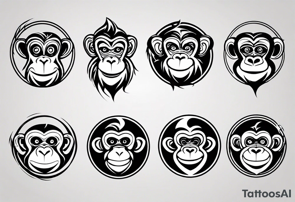 Create an abstract happy monkey icon shape on a small disconnected circle where the monkey is just a shape no face tattoo idea