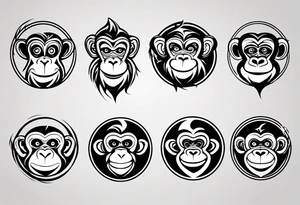 Create an abstract happy monkey icon shape on a small disconnected circle where the monkey is just a shape no face tattoo idea