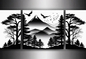 A mountain scape with trees. 5 silhouettes of birds. All black tattoo idea