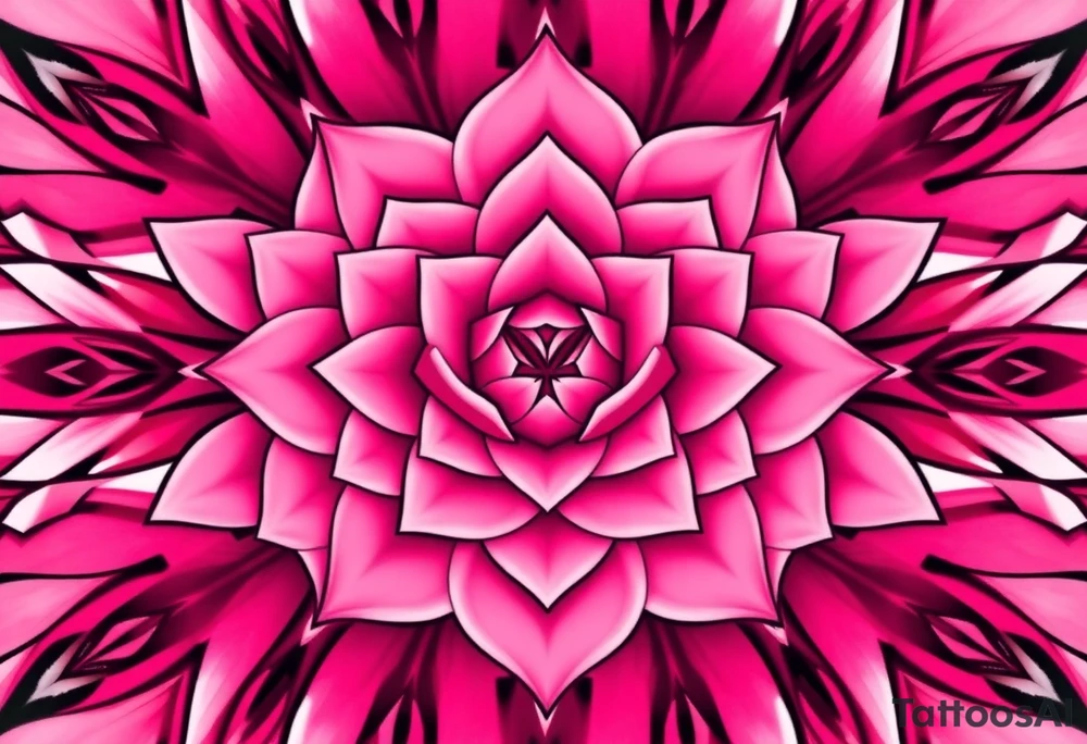The pink rose appears as if viewed through a mesmerizing kaleidoscope, with its delicate petals radiating outward in a perfectly symmetrical, fractal-like pattern. Shades of soft blush and vibrant magenta blend seamlessly, creating a hypnotic, almost surreal visual effect that draws the eye deeper into its intricate layers. The petals seem to fold and reflect infinitely, forming geometric shapes that shift and transform, giving the rose an ethereal, dreamlike quality. tattoo idea