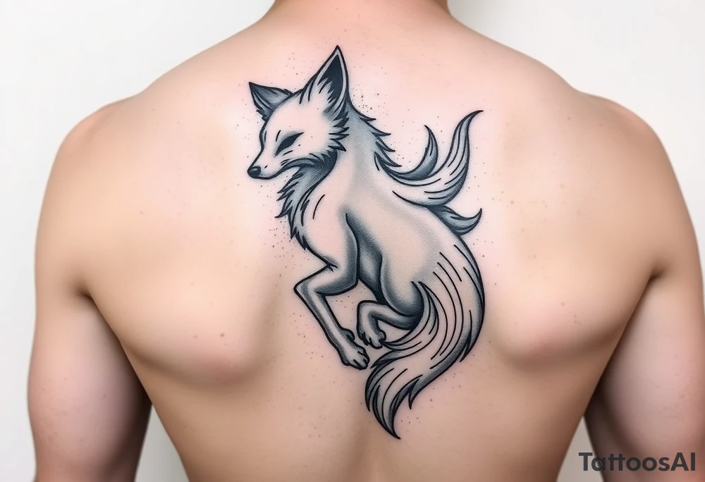 feminine fox of nine tails, the tails are flowy and end looking like flames. The tails wrap around the shoulder body curves and head ending below the armpit tattoo idea