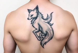 feminine fox of nine tails, the tails are flowy and end looking like flames. The tails wrap around the shoulder body curves and head ending below the armpit tattoo idea