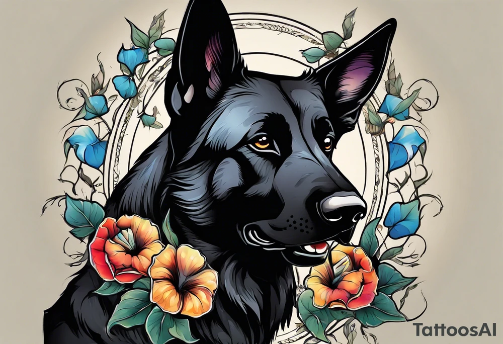 Black German shepherd portrait brightly colored with morning glory tattoo idea