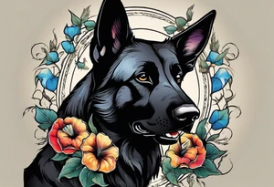 Black German shepherd portrait brightly colored with morning glory tattoo idea