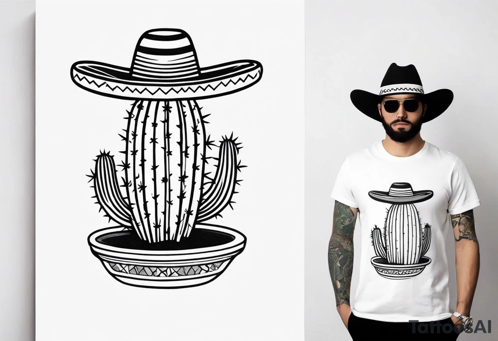 Cactus wearing a sombrero black and grey tattoo idea