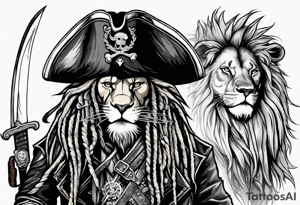 Pirate lion wearing jacket, sword and pistol, nautical steampunk theme. dreadlocks. tattoo idea